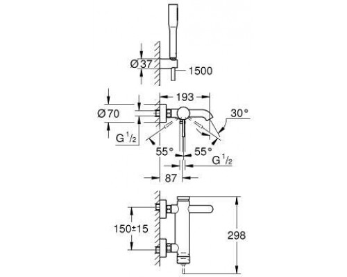 33628001 Essence+ Смеситель однорычажный для ванны с душевым гарнитуром, хром 33628001