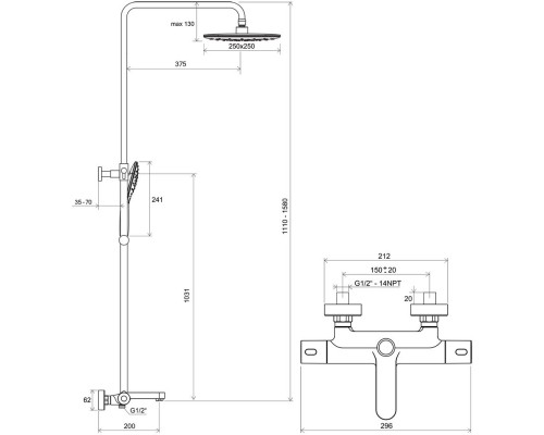 Душевая стойка с термостатическим смесителем для ванны и ручным душем Termo 300 TE 092.20BL ЧЕРНАЯ X070444