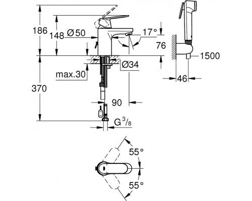 23125000 Eurosmart Cosmopolitan Смеситель однорычажный для раковины с гигиеническим душем, хром 23125000