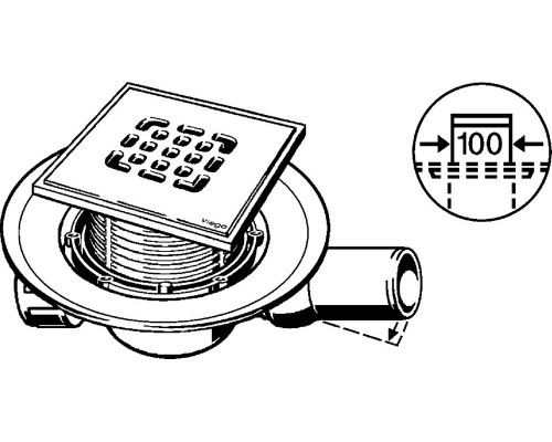 557140 Трап с изоляц. фланцем, гидрозатвором, 0,6 л/сек, решеткой из нерж. 150х150мм, шарнирн. отводом, пласт/серый 557140