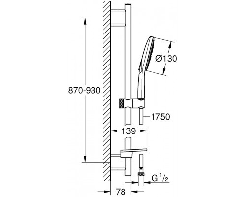 26548000 Rainshower SmartActive 130 Душевой гарнитур III, душевая штанга 900 мм, шланг 1750 мм, 9,5 л/мин, хром 26548000