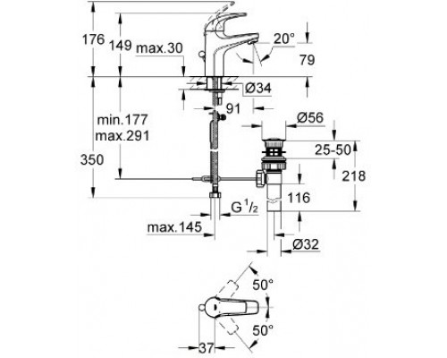 32805000 BauCurve Смеситель для раковины с донным клапаном, хром 32805000