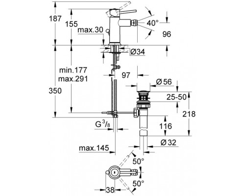 32864000 BauClassic Смеситель для биде с донным клапаном, хром 32864000