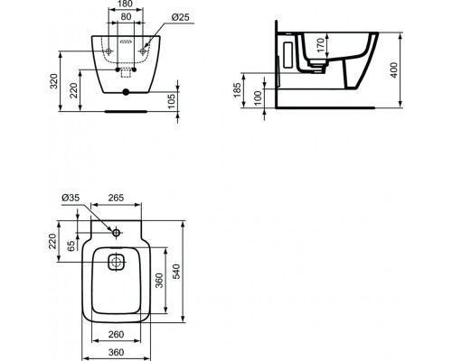 T456801 STRADA II Подвесное биде, с отверстием перелива, с керамической накладкой слива (T854601), с крепежом T456801