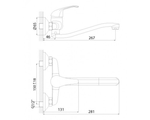 A35-24 Смеситель одноручный (35 мм) для кухни, настенный с нижним изливом, хром A35-24 A35-24