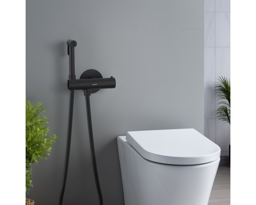 AQ1027MB ОБЕРОН комплект для гигиенического душа термостатический встроенный (смеситель + гигиеническая лейка + шланг), матовый черный AQ1027MB