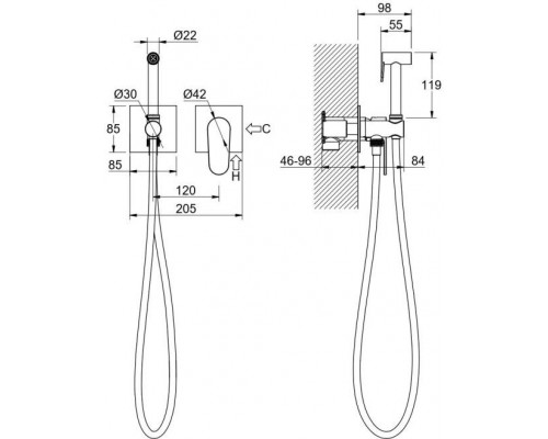 AQ1220MB ОБЕРОН комплект для гигиенического душа встроенный 2 отв. (смеситель + гигиеническая лейка + шланг), матовый черный AQ1220MB