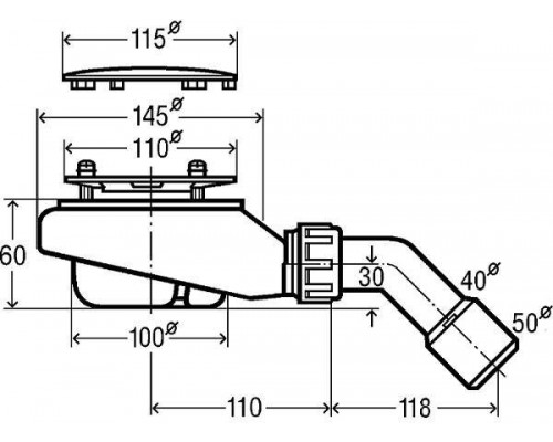 634100 Tempoplex сифон 115 х 40/50, хром накладка, проп.способность 0,55 л/с, H=60 мм, для поддонов D=90 мм, отводящее колено 45° 634100