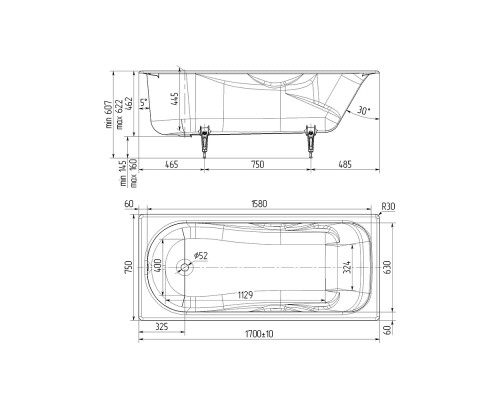 Wotte Comfort 1700х750х462 ванна чугунная (БП-э00д1474) Comfort 1700x750