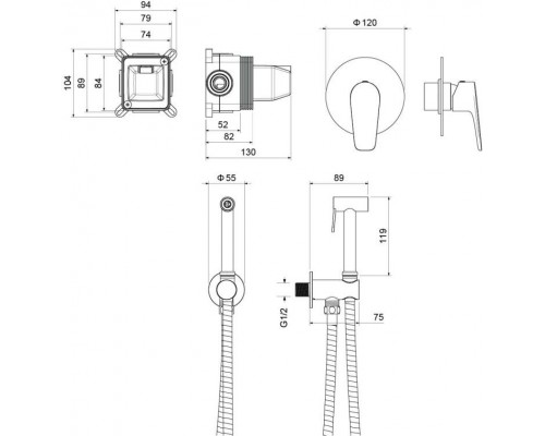AQ1119MB БЕТТА набор с гигиеническим душем (смеситель + гигиеническая лейка + шланг + шланговое подсоединение с держателем), матовый черный AQ1119MB