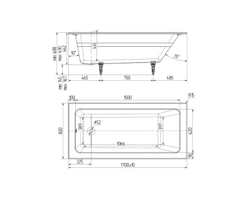 Wotte Line 1700х800х462 ванна чугунная (БП-э00д1473) Line 1700x800