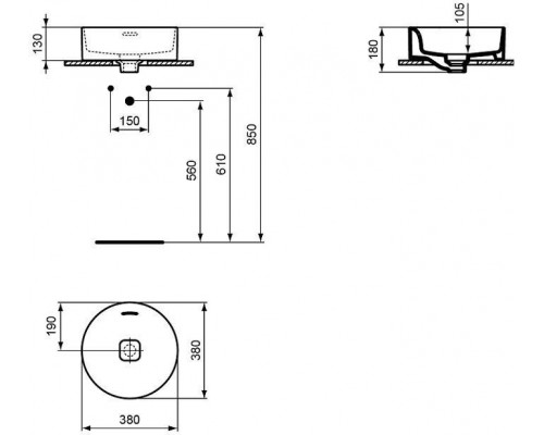 T292901 STRADA II Round Vessel Умывальник 38 см без отверстия под смеситель, для монтажа с мебелью, с отверстием перелива (щелевого типа), с керамичес T292901
