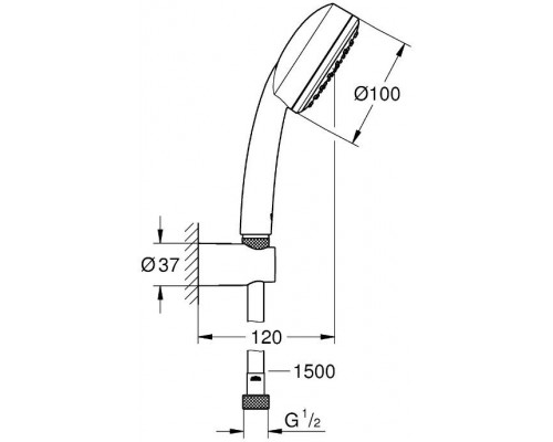 26084002 Tempesta Cosmopolitan 100 Душевой набор I (круглый ручной душ, настенный держатель, шланг 1500 мм), хром 26084002