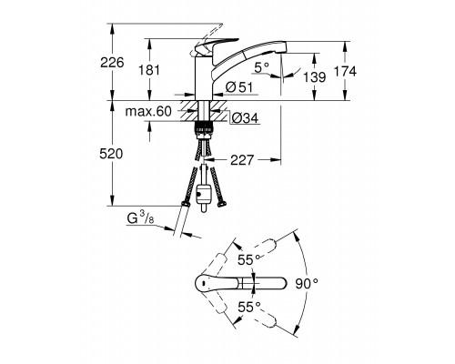 30305001 Eurosmart 2021 Смеситель для кухни однорычажный с выдвижным изливом с 2-мя реж струи, хром 30305001
