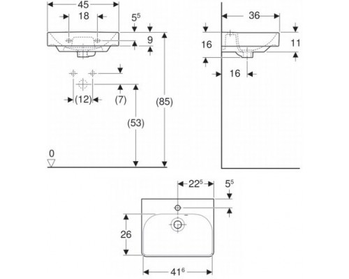 500.222.01.1 Smyle Square Раковина 45х36 см, с отв. под смеситель, перелив асимметричный 500.222.01.1
