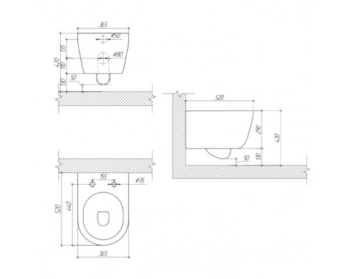 AQ0700-01 ПОЛАРИС унитаз подвесной безободковый, белый 360518360 мм, крышка-сиденье с механизмом плавного закрывания из дюропласта, крепеж AQ0700-01