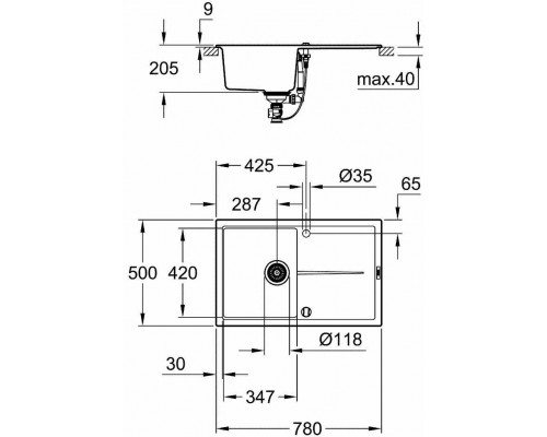 31639AP0 K400 Композитная мойка с крылом,780 x 500, черный гранит 31639AP0