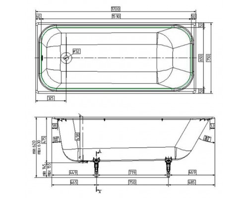 Wotte Start 1700х750х458 ванна чугунная (БП-э0001104) Start 1700x750