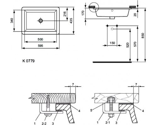 K077901 Strada Умывальник, встраиваемый под столешницу, 59 см, без отверстия под смеситель, с переливом, с крепежом T645567, с монтажным шаблоном K077901