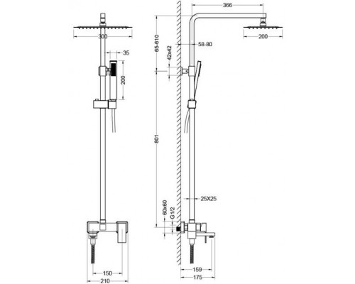 AQ2640MB ЛИБРА душевая система (смеситель для ванны) 300х200мм, матовый черный AQ2640MB