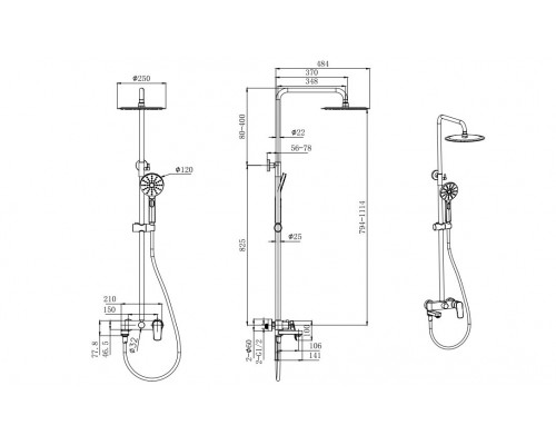 AQ2040CR ВЕГА душевая система (смеситель для ванны) 3jet 250мм AQ2040CR
