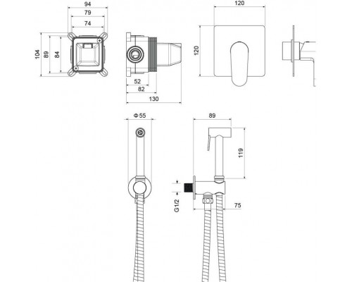 AQ1219MB ОБЕРОН набор с гигиеническим душем (смеситель + гигиеническая лейка + шланг + шланговое подсоединение с держателем), матовый черный AQ1219MB
