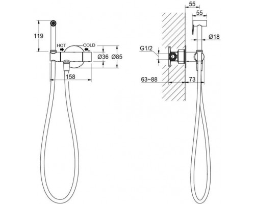 AQ1027MB ОБЕРОН комплект для гигиенического душа термостатический встроенный (смеситель + гигиеническая лейка + шланг), матовый черный AQ1027MB