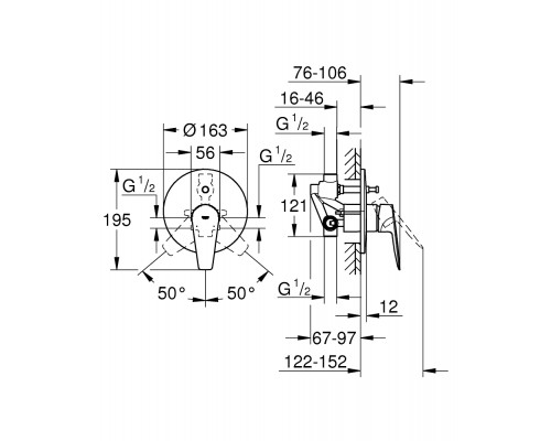 1000190 Набор GROHE Tempesta: верх душ 250 с душ кроншт 380 мм (26668000), смесит BauEdge (29079001), набор с руч душем, излив для ванны 170 мм, хром 1000190