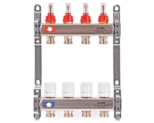 Коллекторная группа 1" Uni-Fitt 450Bнерж. сталь 2 выхода 3/4" с расходомерами и термостатическими вентилями без концевиков