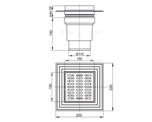 Трап Alcaplast 150 х 150 мм H=158-195 мм вертикальный выпуск 110 мм нерж.сталь