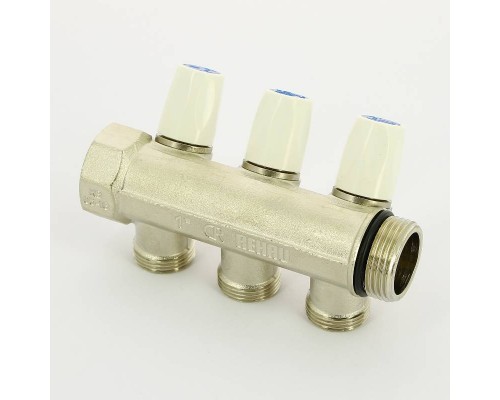 Коллектор НВ с вентилями никелированный Rautitan MX Rehau 1" x 3 вых 3/4"EK межосевое 40 мм