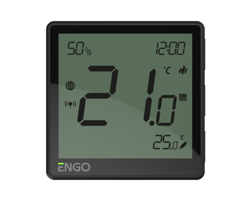 Универсальный терморегулятор, ENGO, черный, с модулем Zigbee, с питанием 230, со встроенным датчиком влажности, с возможностью подключения датчика пол Универсальный терморегулятор, ENGO, черный, с модулем Zigbee, с питанием 230, со встроенным датчиком влажности, с возможностью подключения датчика пол
