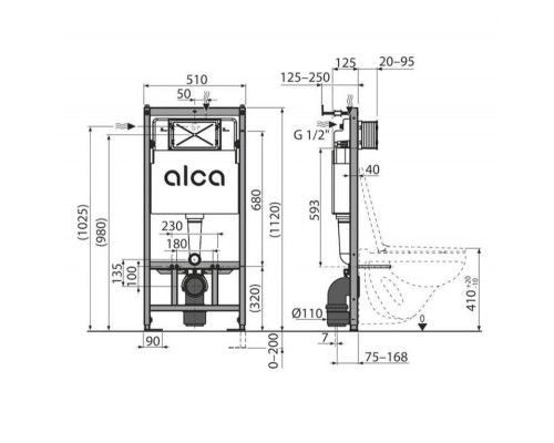 Модуль для подвесного унитаза Alcaplast 112 см кнопка M670 белая с шумоизоляцией