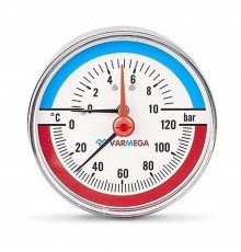 Термоманометр VARMEGA аксиальный 80 мм, 10 бар, 120гр.С, 1/2", с отсекающим клапаном, VMMT06-801004