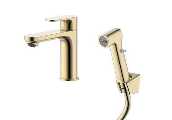 AQ1912BG АЛЬФА смеситель для раковины 110 без донного клапана с гигиеническим ручным душем, шлиф. золото AQ1912BG