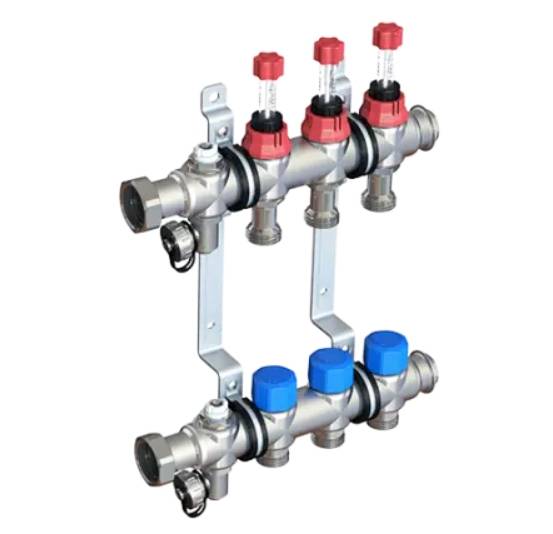 Коллекторная группа HOGEM 1 x 3/4 на 2 контура с вентилями и расходомерами нержавеющая сталь i0302