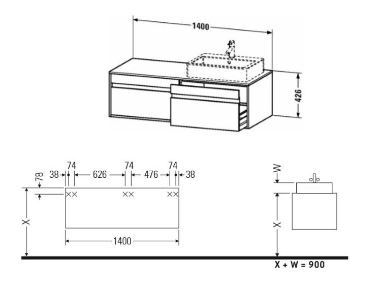 Тумба под раковину подвесная Duravit Ketho 1400x550x426 мм вырез справа графит матовый KT6697R4949