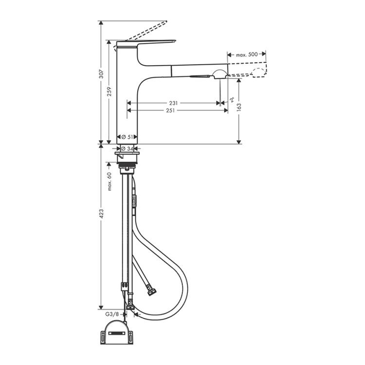 Смеситель для кухни Hansgrohe Zesis M33 с вытяжным душем sBox lite цвет черный матовый 74804670