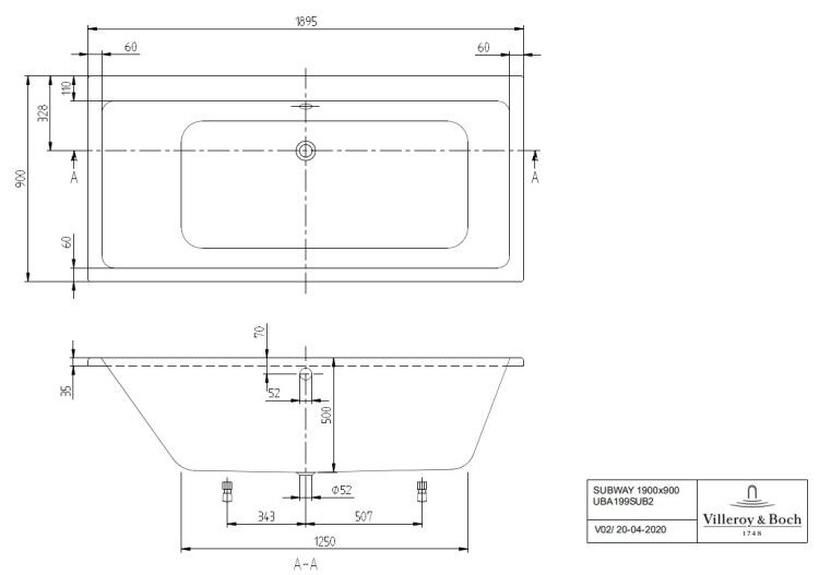 Ванна Villeroy & Boch Subway 1900x900 мм белый альпийский UBA199SUB2V01