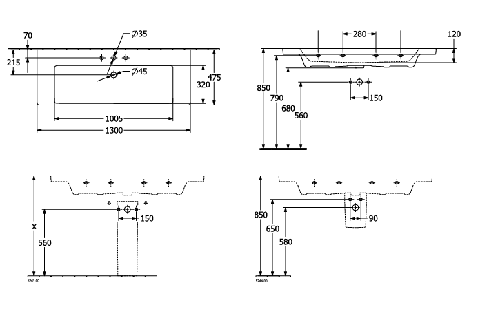 Раковина Villeroy & Boch Subway 3.0 1300x475 мм 1 отверстие для смесителя 4A70D501