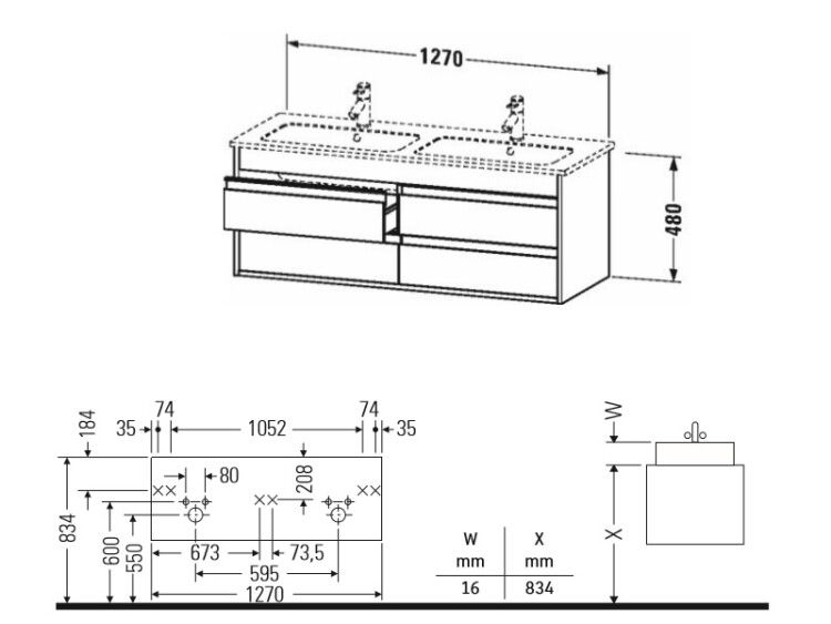 Тумба под раковину Duravit Ketho 1270x475x480 мм подвесная базальт матовый KT643304343