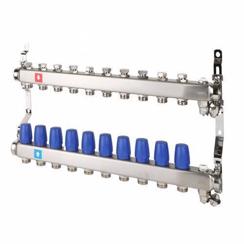 Коллекторная группа Hogert Premium 1 x 3/4 EK 10 выходов без расходомеров с дренажным краном и воздухоотводчиком HOGMS61006