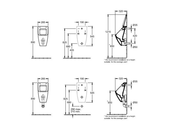 Писсуар Villeroy & Boch Venticello настенный 285х315х545 мм CeramicPlus альпийский белый 5504R0R1