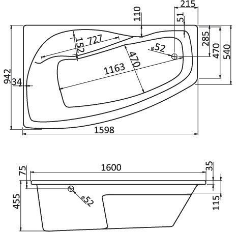 Ванна акриловая асимметричная Triton Майорка XL 160х95 см левосторонняя белая 1.WH11.1.991