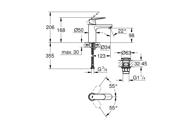 Смеситель для раковины GROHE Eurosmart Cosmopolitan M-Size однорычажный с нажимным сливным гарнитуром хром 23926000