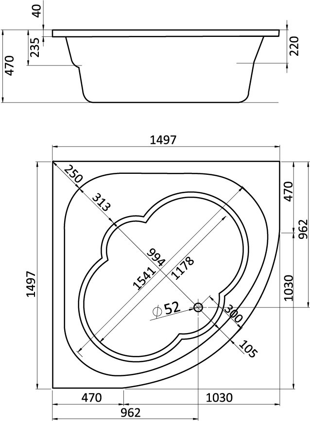 Ванна акриловая угловая Santek Канны 150х150 см 1.WH11.1.983