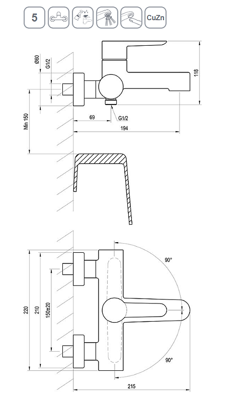 Смеситель для ванны RAVAK Puri PU 022.20/150 черный X070185