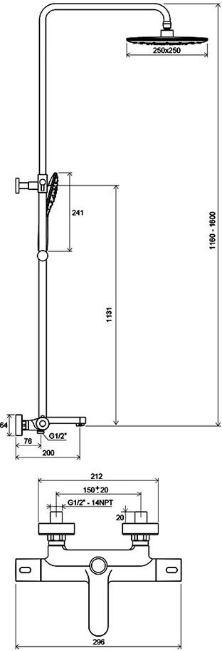 Душевая стойка с термостатическим смесителем для ванны и ручным душем RAVAK Termo 300 TE 092.00/150 X070098