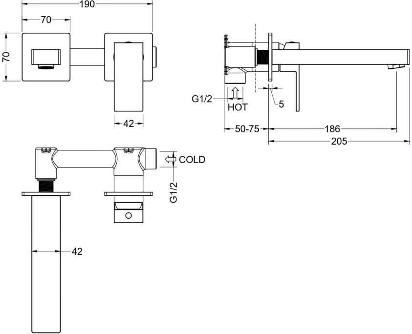 Смеситель для раковины Aquanet Либра настенный встраиваемый (внешняя и скрытая часть) матовый черный AQ1613MB