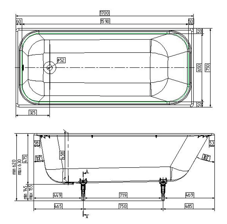 Ванна чугунная Wotte Start 1700х750х458 мм с отверстиями для ручек Start 1700x750UR